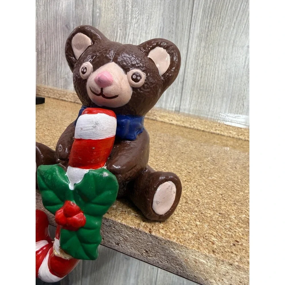 Vintage Ceramic Teddy Bear Stocking Holder Candy Cane Christmas Mantle Decor